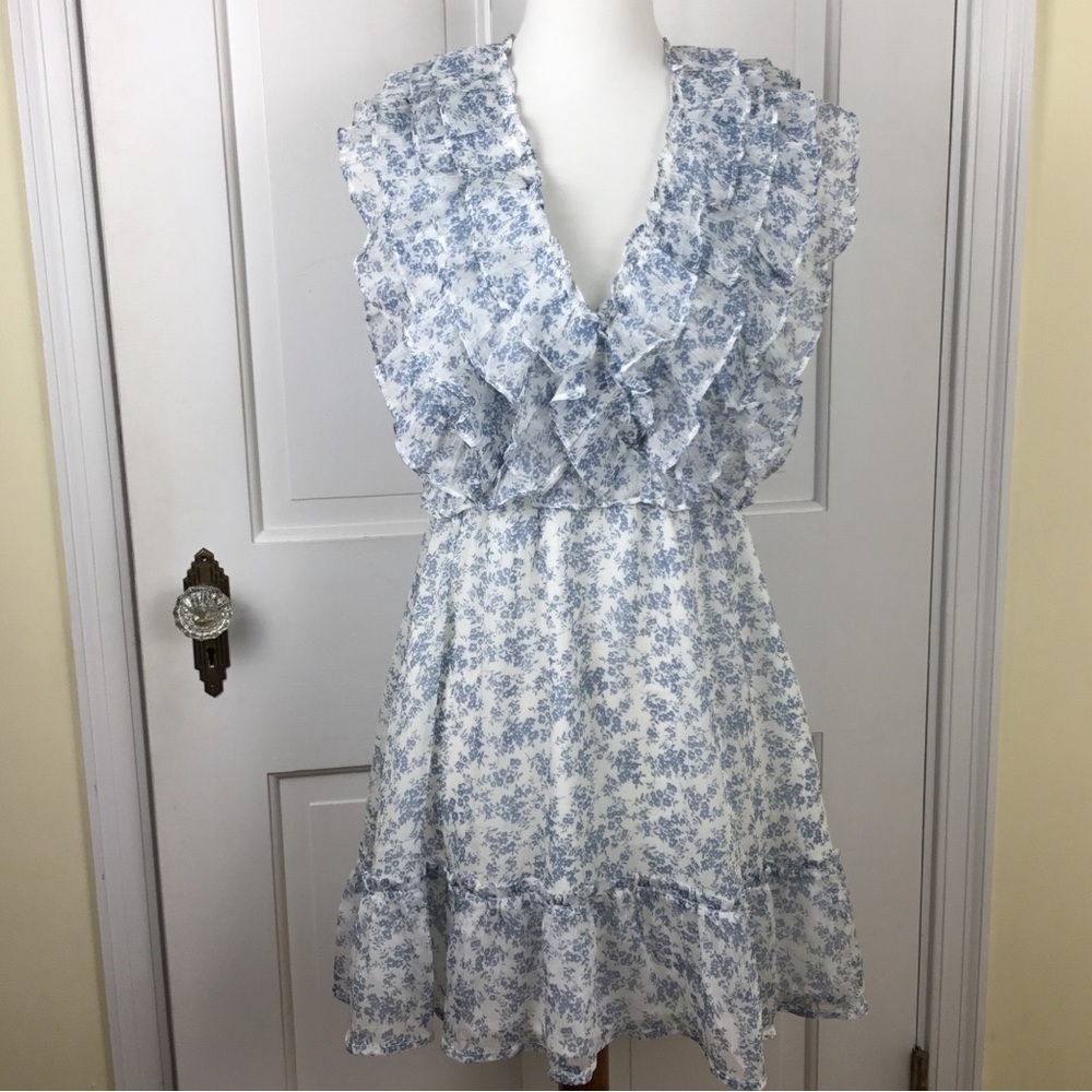 Storia Floral Sleeveless Ruffle Trim Mini Dress Tiered Feminine Cottagecore